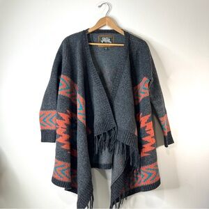 Roots Aztec Print Wool Blend Cascade Open Front Fringe Cardigan Size L - XL